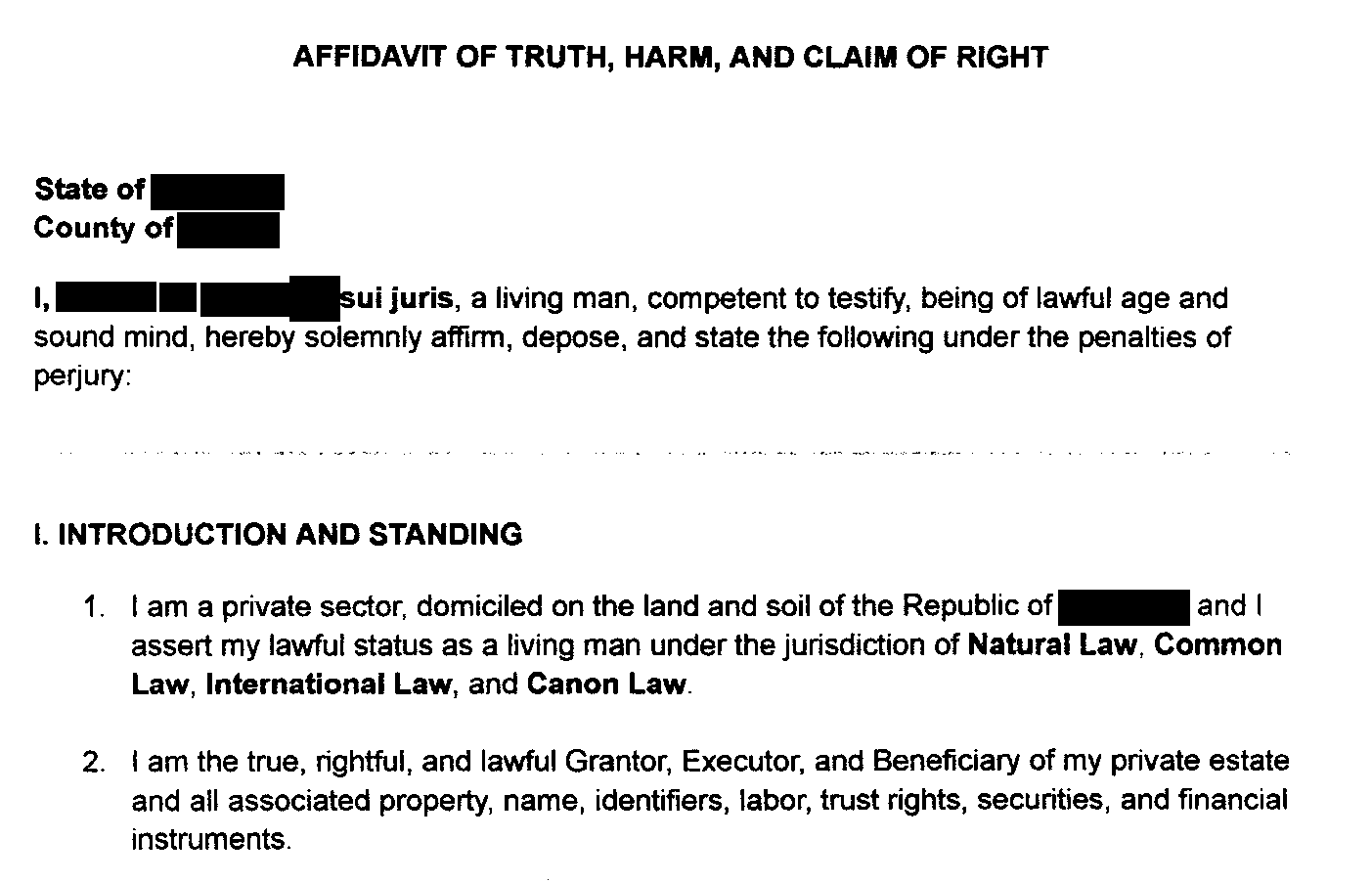 The top of a typed affidavit. Under a bold heading, a person whose name is blacked out swears they are a living man acting in their own right. A numbered section on standing says they live on the land of a state's republic rather than the state itself, answer only to natural, common, international and church law, and own their own private estate.